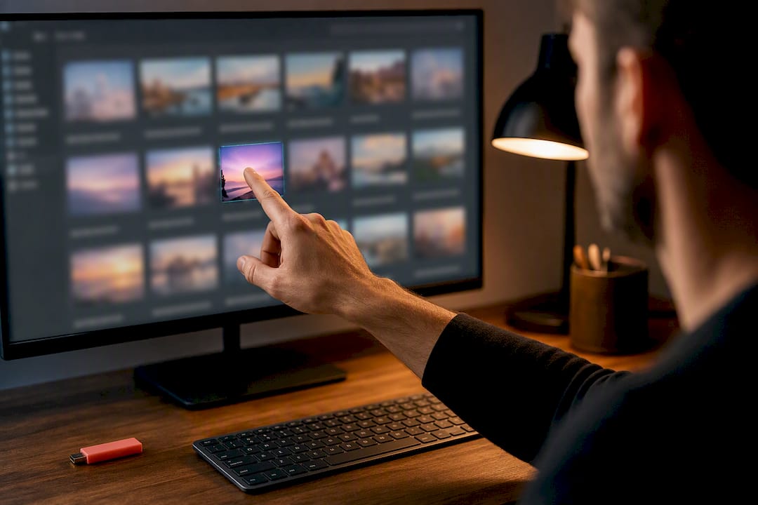 Photographer selecting finished image files