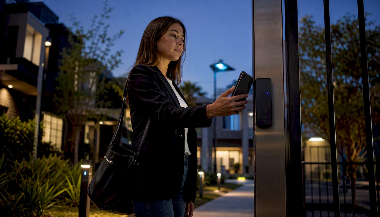 Resident using smartphone for gate entry