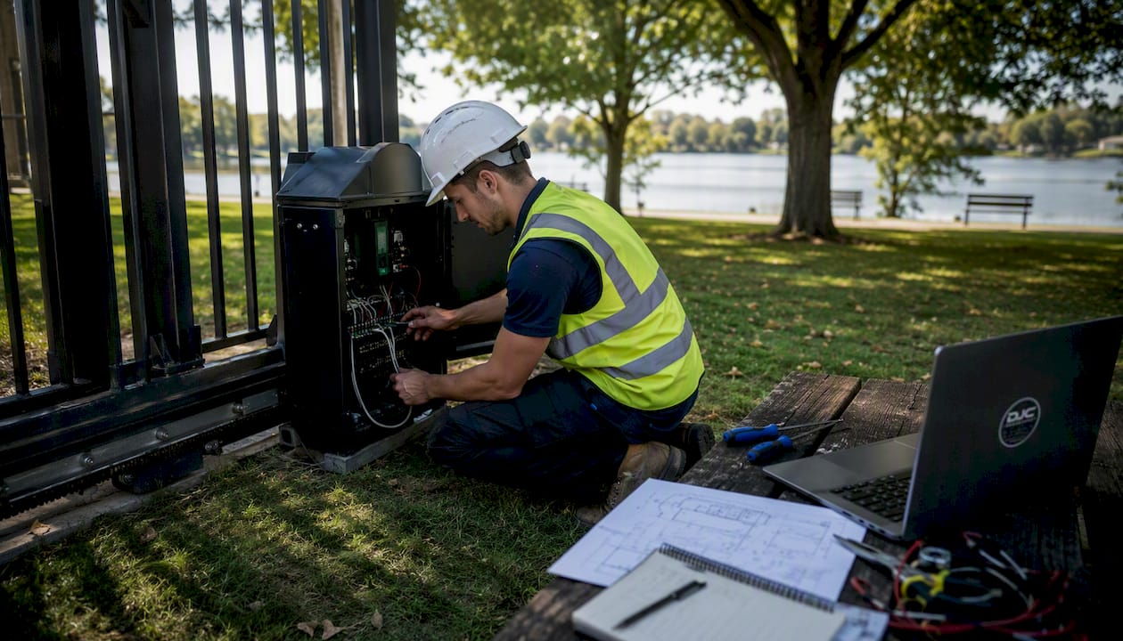 Installer working on gate operator wiring