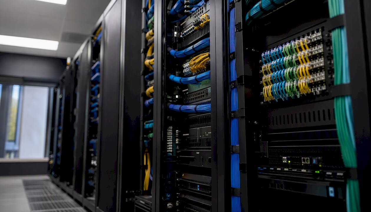 Organized structured cabling and network rack in server room
