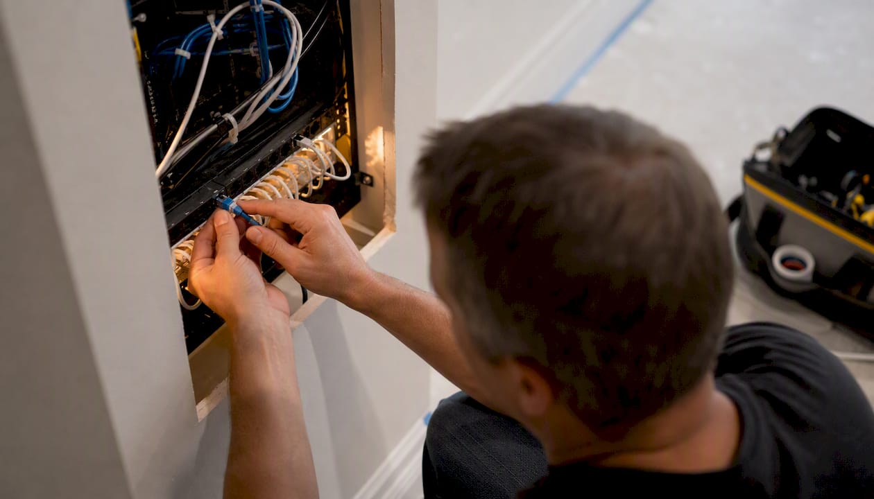 Hands wiring PoE ethernet cable