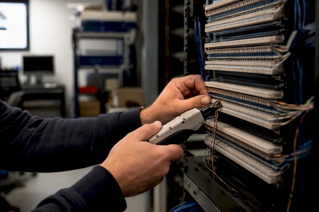 Close-up of punch-down wiring on panel