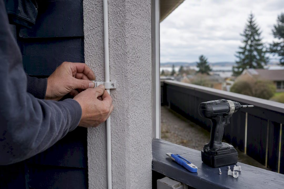 Hands installing cable conduit on house exterior