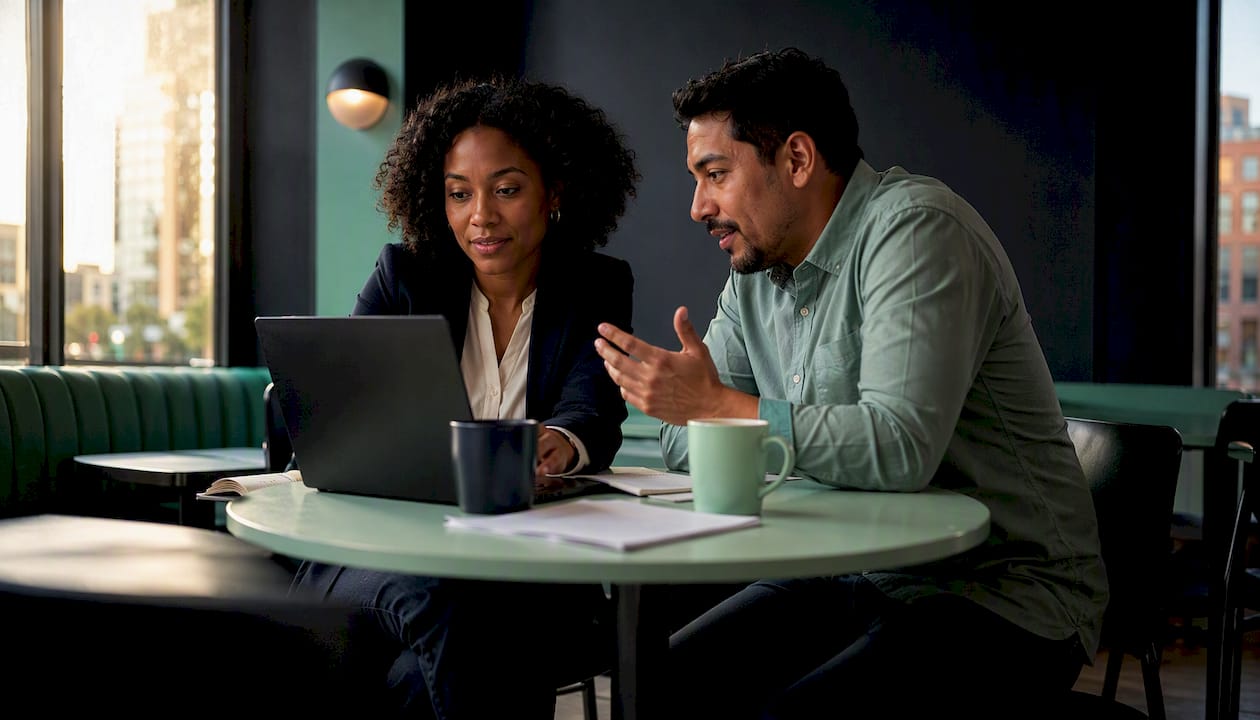 Two finance professionals discussing benefits