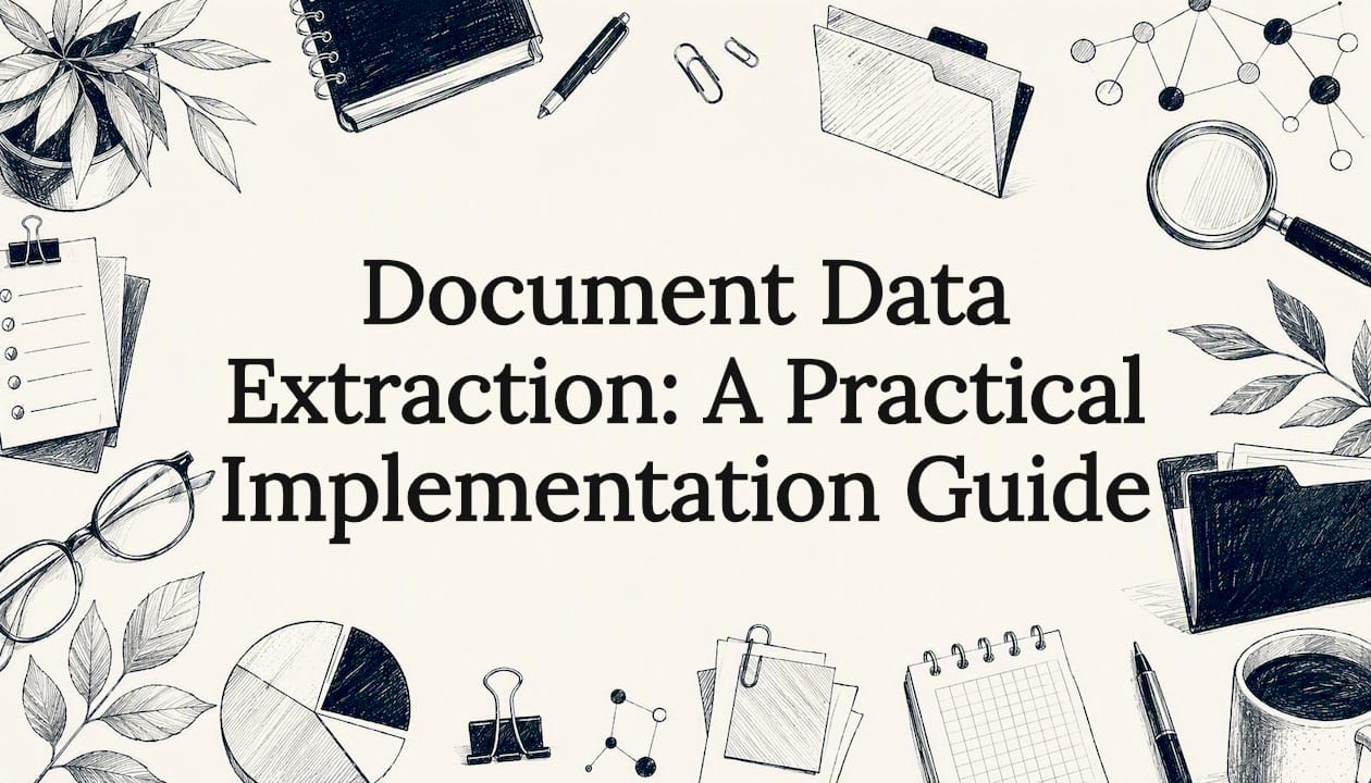 Decorative title card illustration with document and data tools