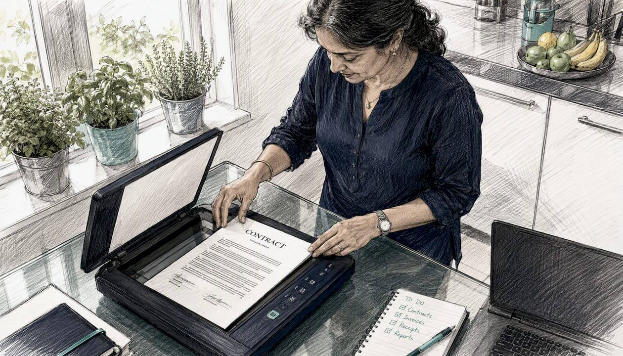 Woman scanning document with flatbed scanner
