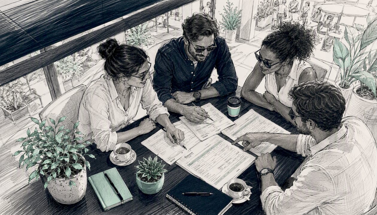 Diverse team reviewing structured documents together
