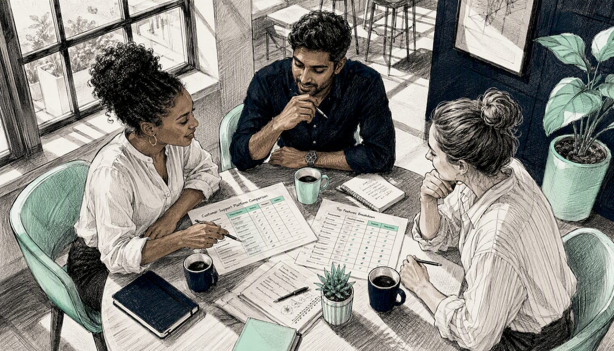 Team reviewing support platform charts in office
