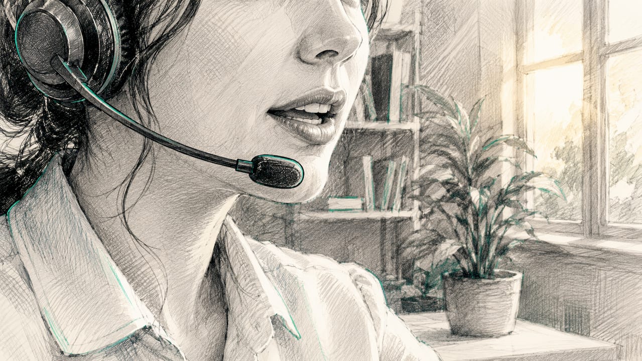 Close-up of person speaking into headset microphone