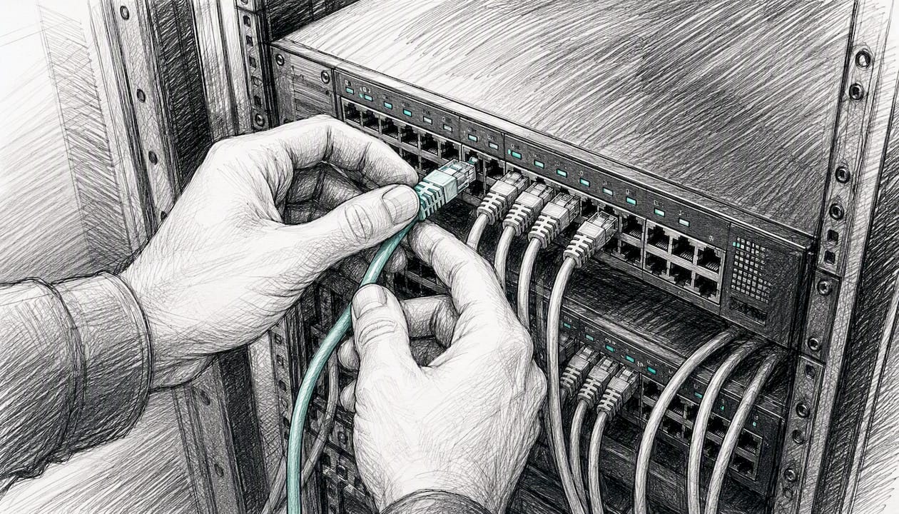 Hands connecting cables to network switch