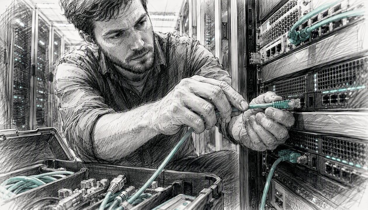 Technician plugging network cable in server rack
