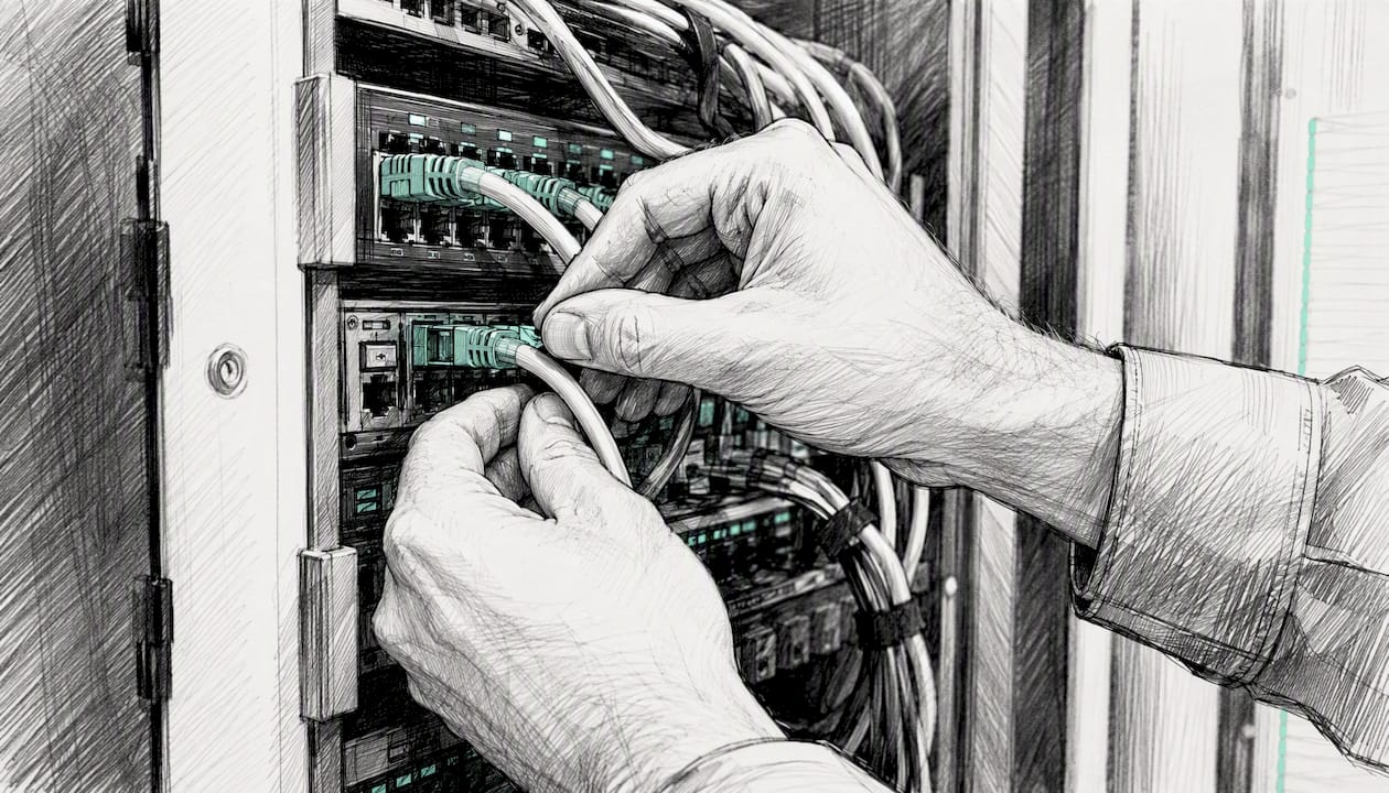 Hands adjusting cable in server rack