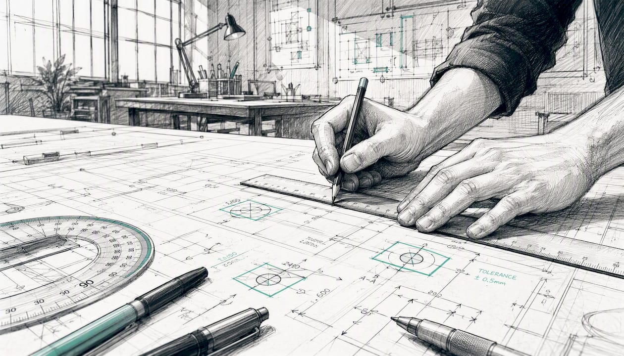 Hands marking accuracy targets on technical blueprint