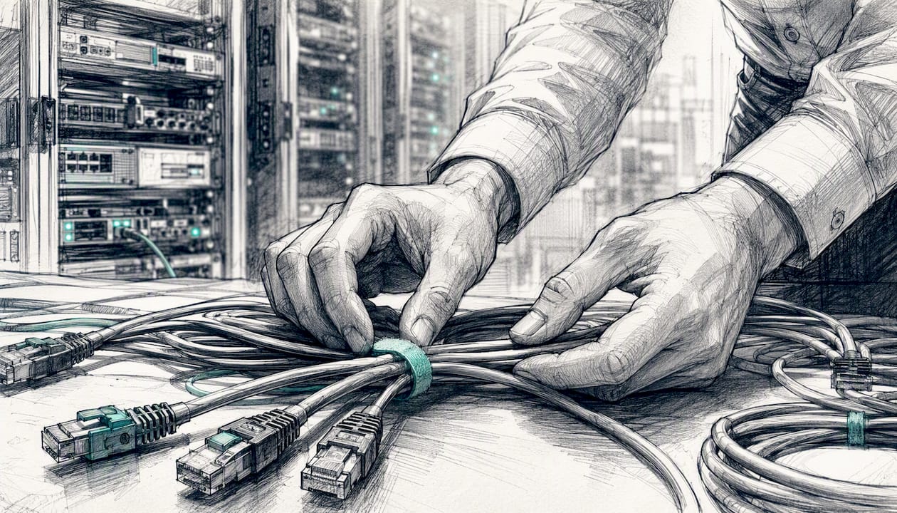 Hands connecting data cables in a server room