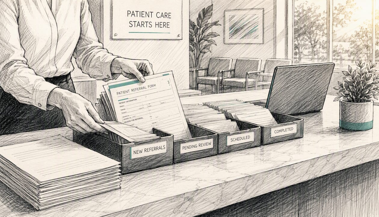 Hands sorting referral folders at clinic desk