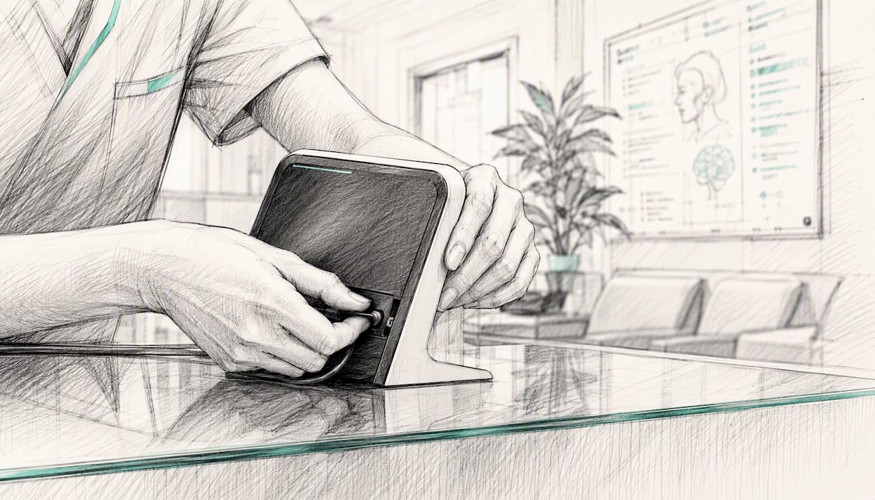 Hands configuring AI booking device in clinic