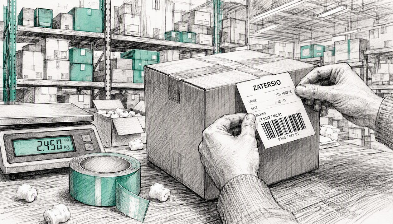 Hands attaching return label on package