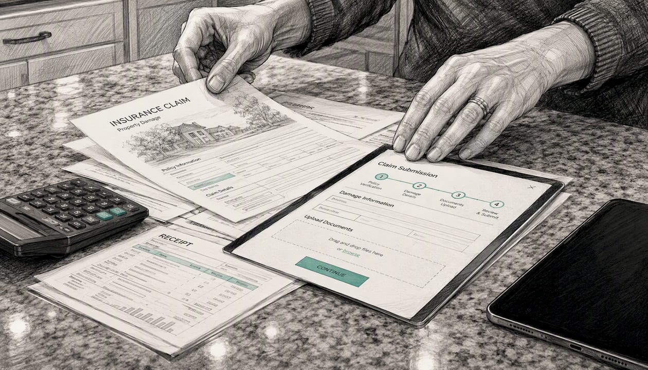 Hands organizing insurance claim paperwork