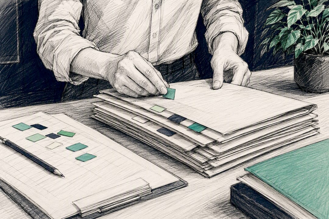 Hands marking high-risk data categories in folders