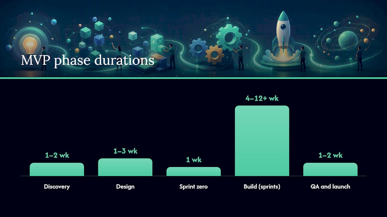 Timeline infographic of MVP development phases with durations and deliverables
