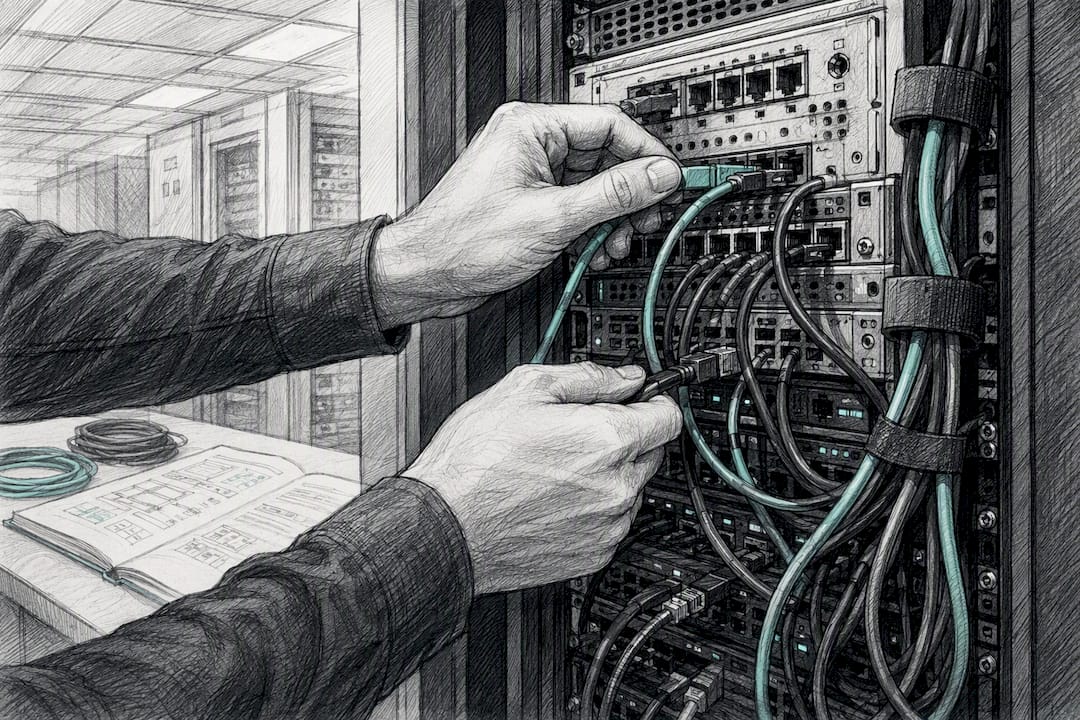 Hands connecting data cables in server rack