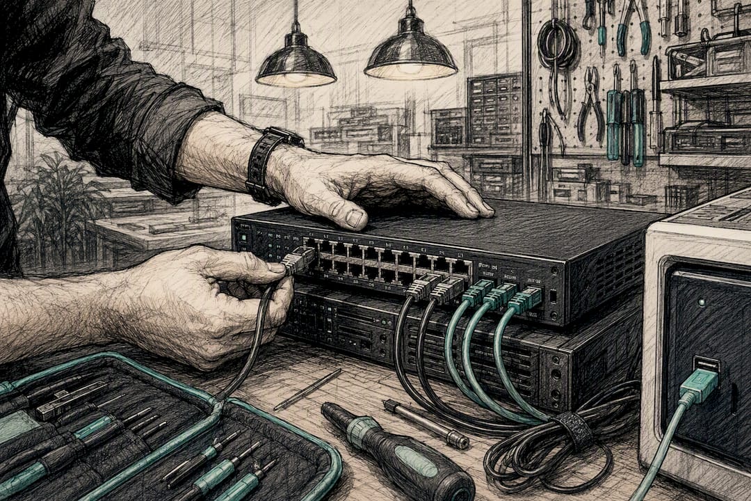 Hands connecting network cables for software integration