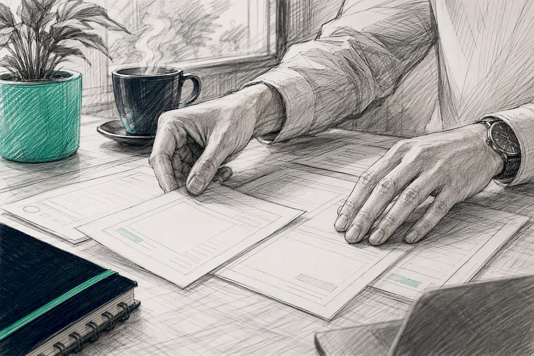 Hands adjusting document templates on desk