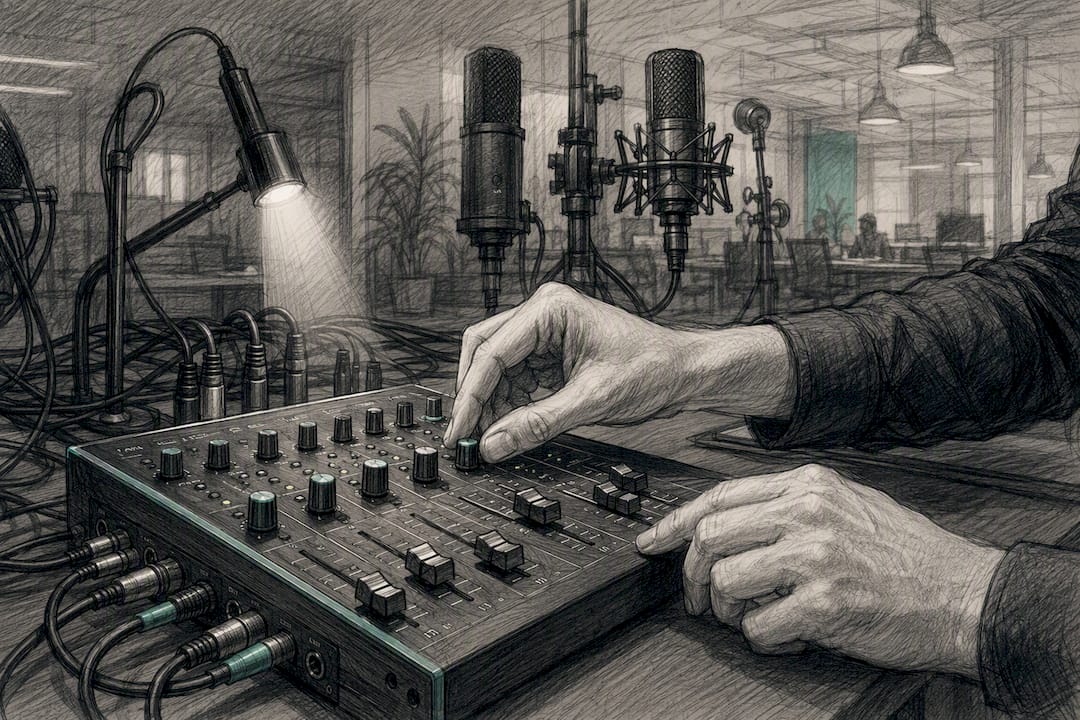 Hands adjusting audio interface hardware