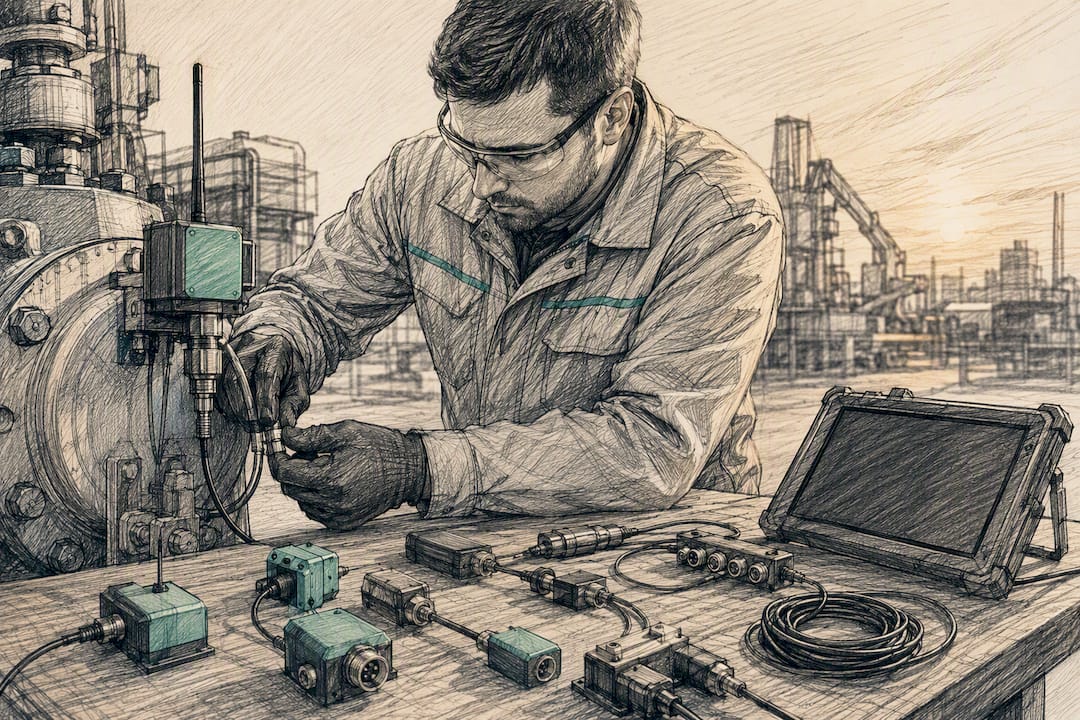 Technician connecting smart sensors in workshop
