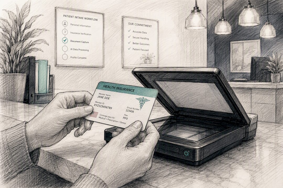 Hands scanning insurance card on flatbed scanner