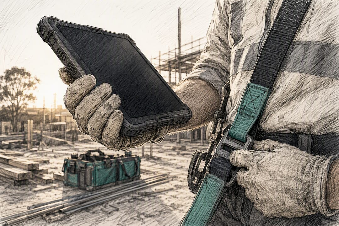 Hands adjusting safety harness while holding tablet
