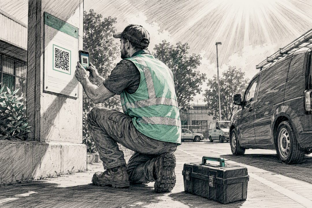 Worker scanning QR code in dim car park