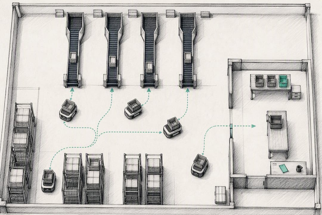 Warehouse robots moving bins through sortation lanes