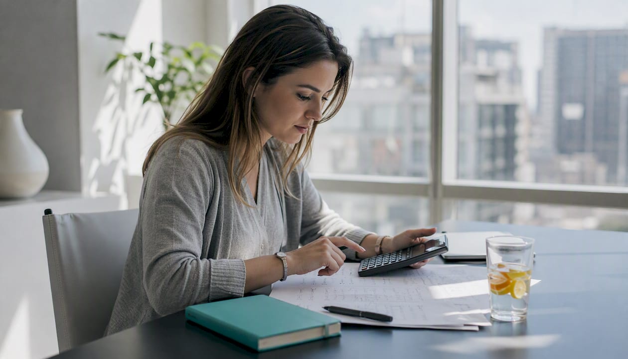 Hands calculating risk-adjusted return formulas over papers