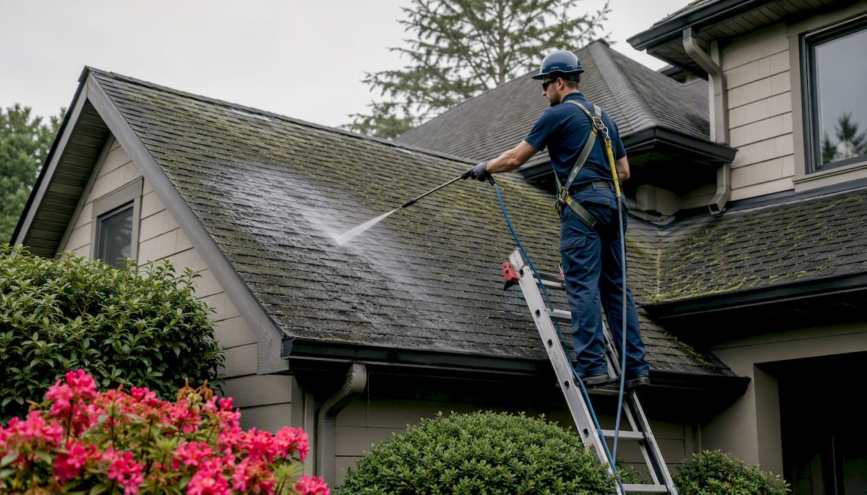 Worker applying soft wash to roof
