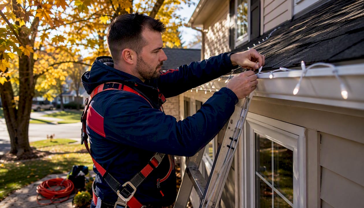 Professional hanging holiday lights on ladder