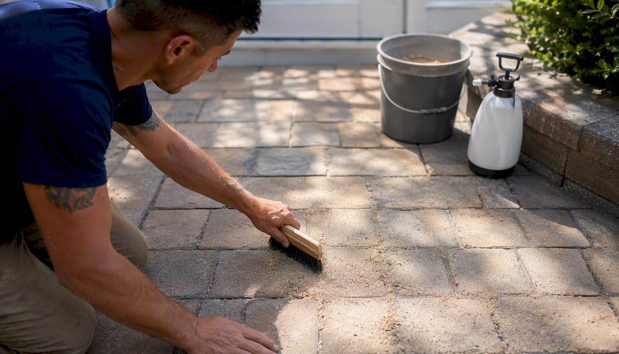 Hands sweeping polymeric sand into paver joints