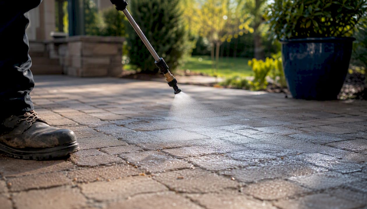 Close-up of spraying liquid joint stabilizer on pavers