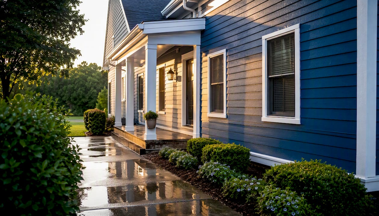Freshly cleaned home exterior showing restored colors