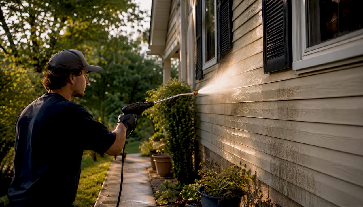 Soft washing siding with low-pressure spray