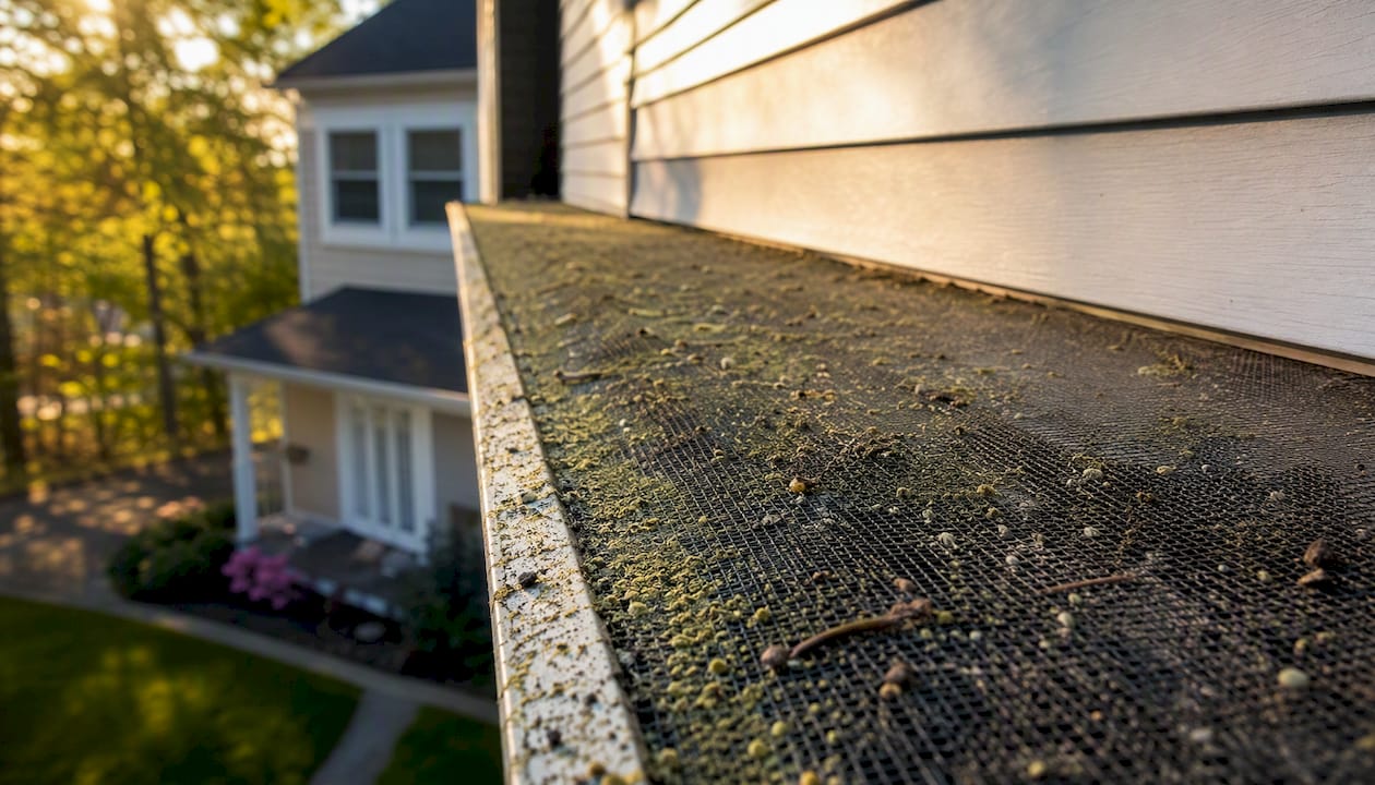 Close-up of pollen-covered mesh gutter guard