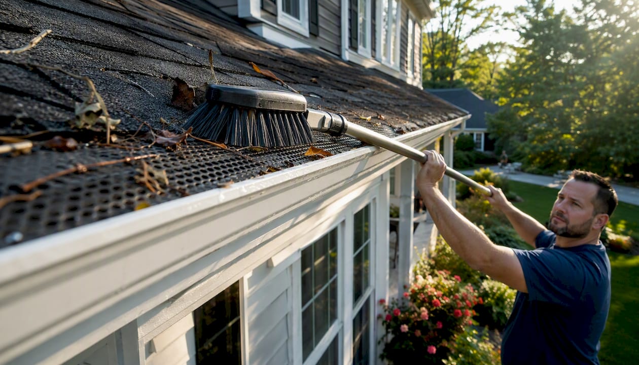 Homeowner brushing debris from gutter guard