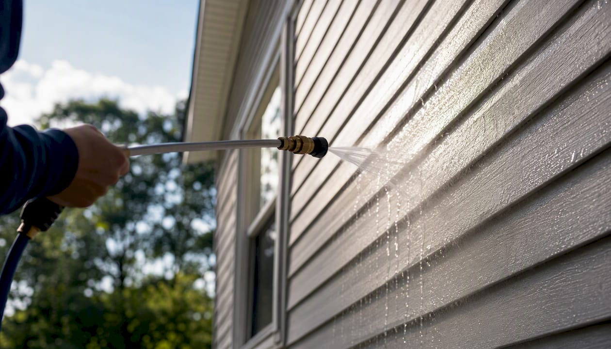 Professional spraying soft wash solution on siding