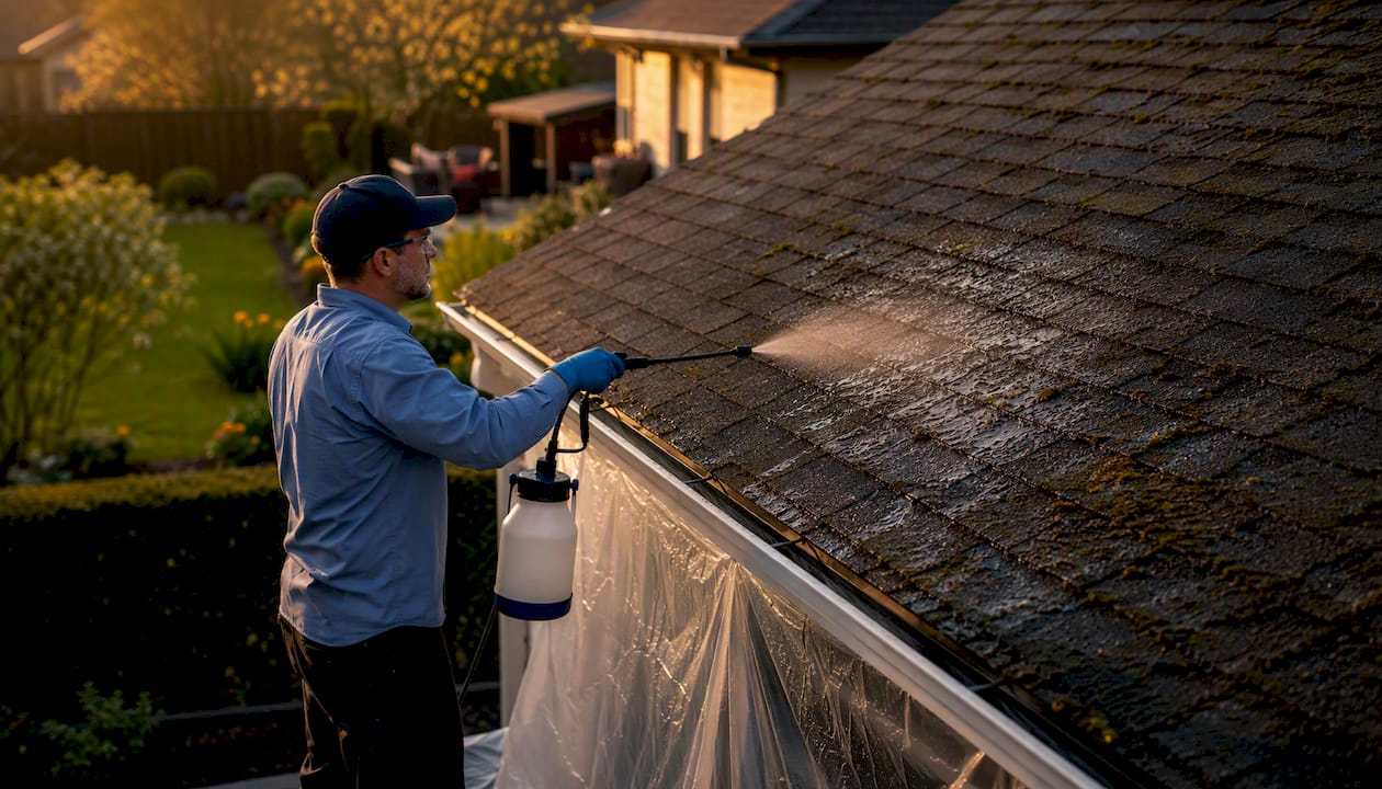 Applying cleaning solution to mossy roof