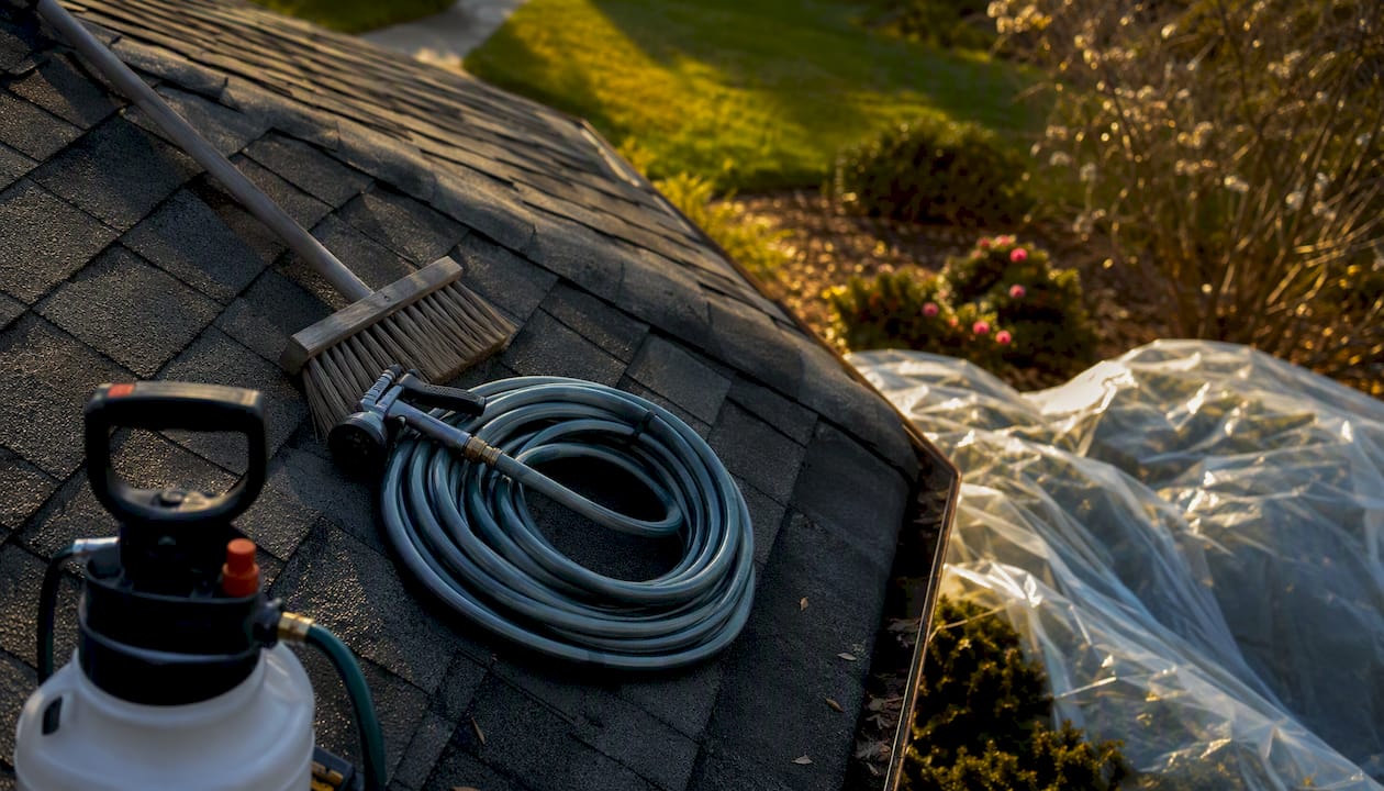 Soft-wash cleaning equipment on roof