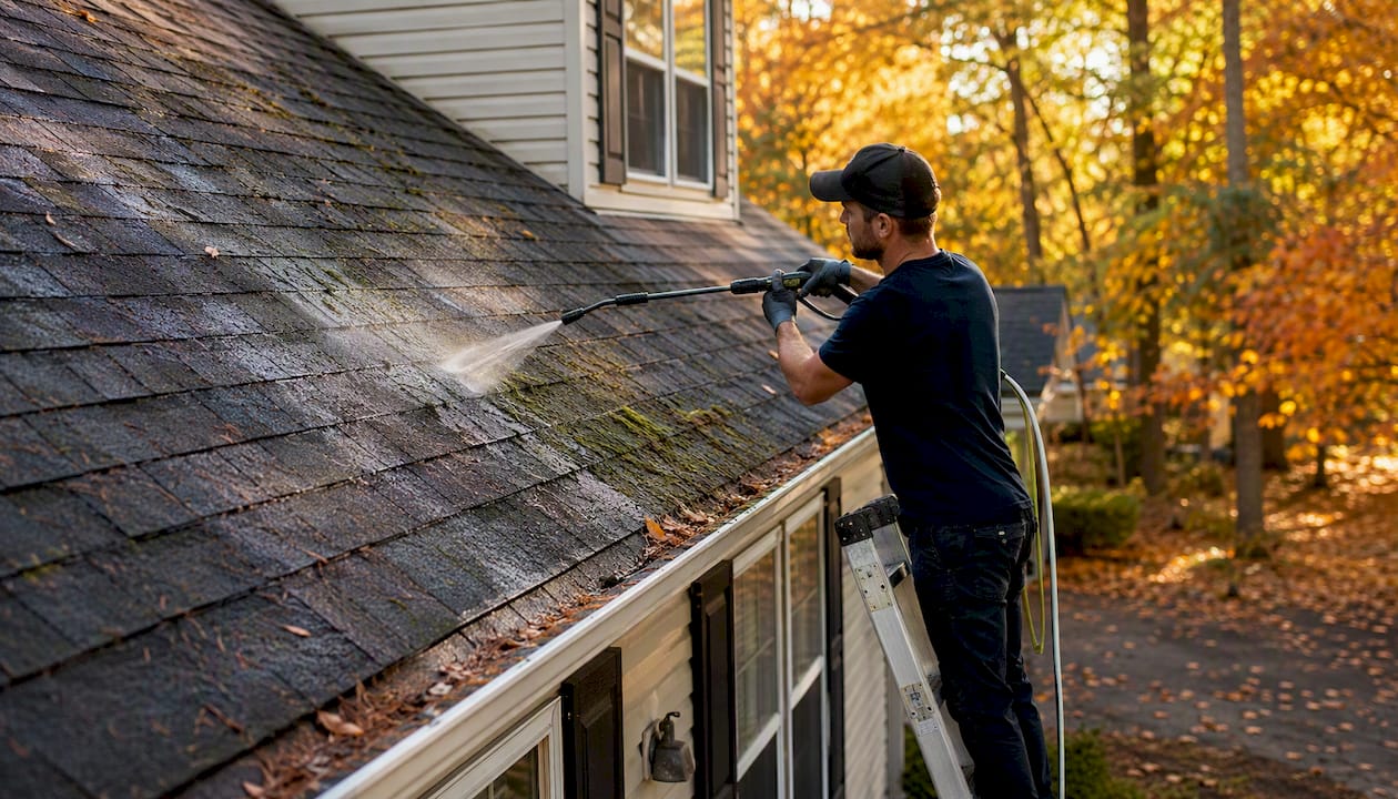 Technician spraying soft wash solution on asphalt shingle roof