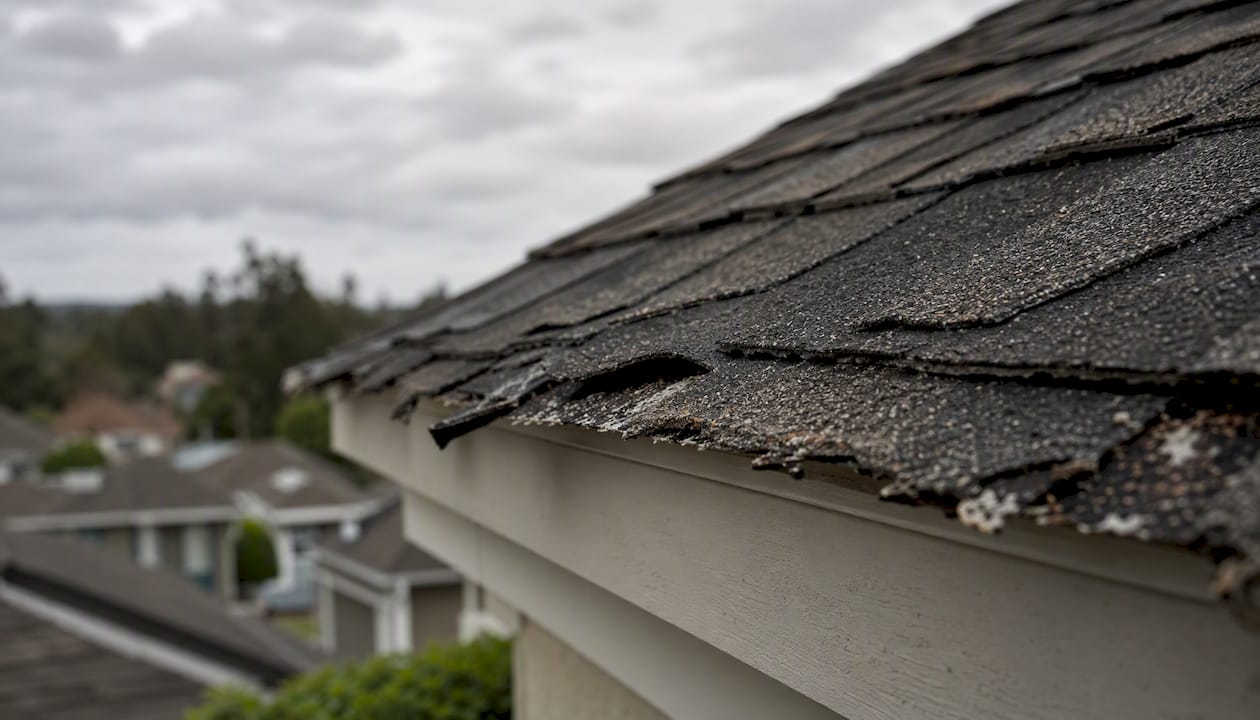 Damaged asphalt shingles with granule loss and lifted edges