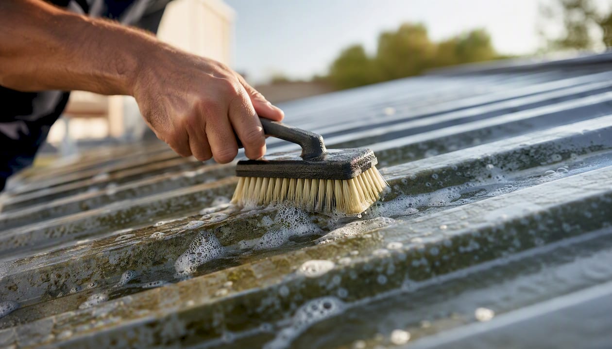 Soft bristle brush scrubbing algae on metal roof