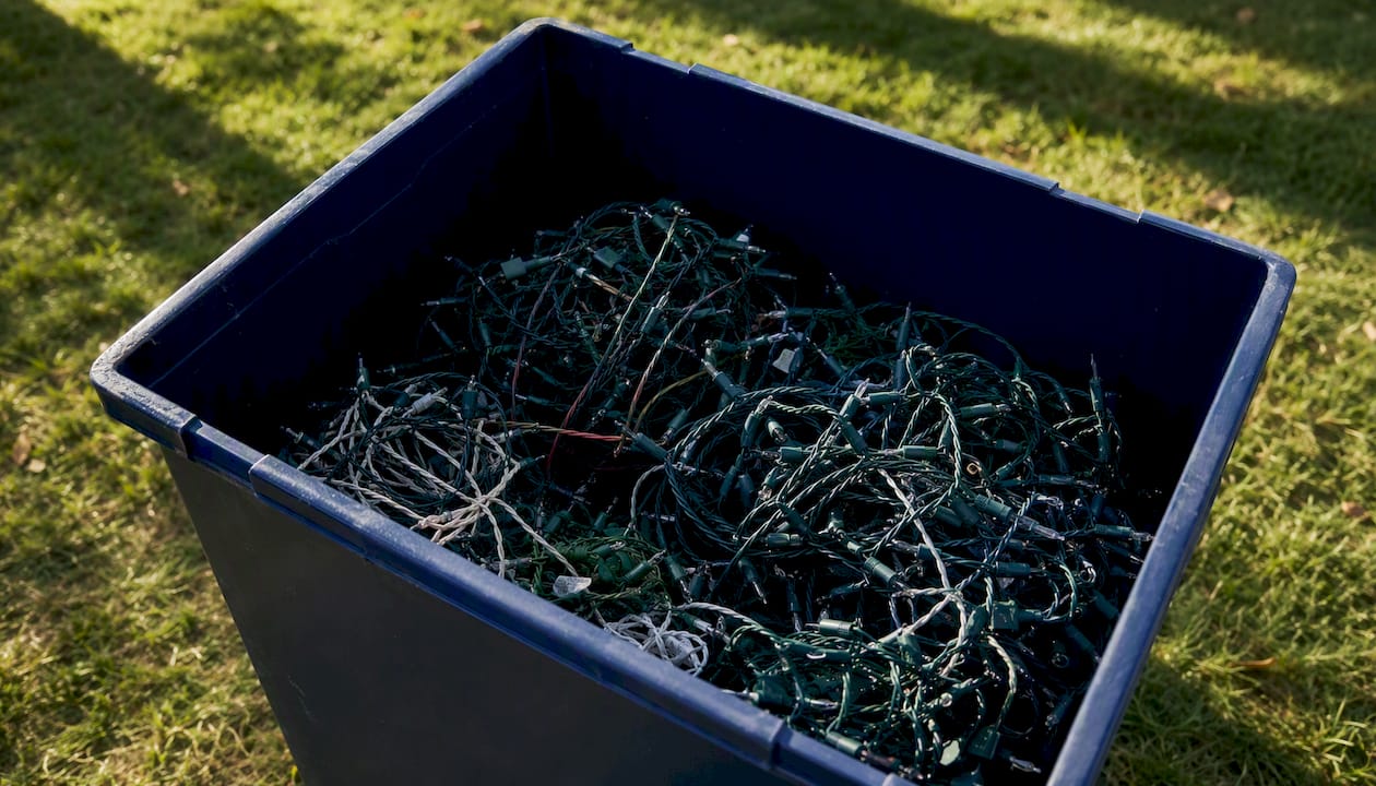 Broken Christmas light strands in recycling bin