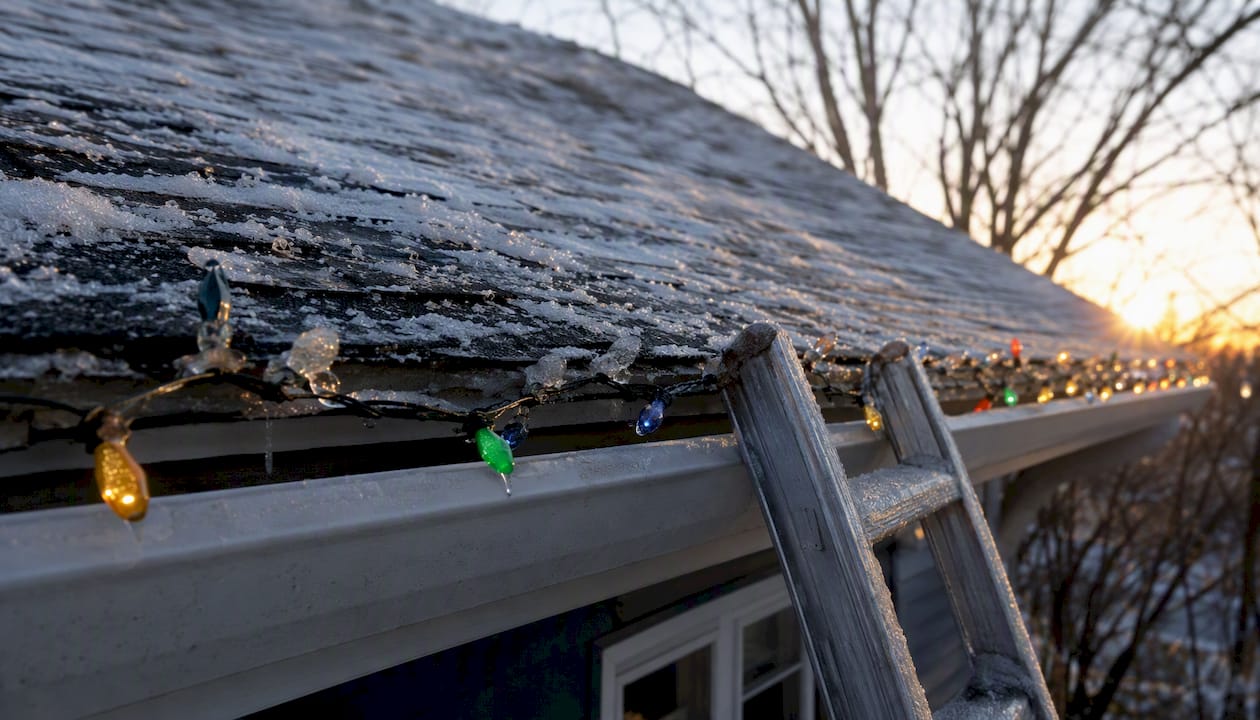Icy roofline with brittle light clips and ladder